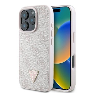 Husa pentru iPhone 16 Pro - Guess Leather 4G Triangle Strass (GUHCP16LP4TDPP) - Pink - Img 1
