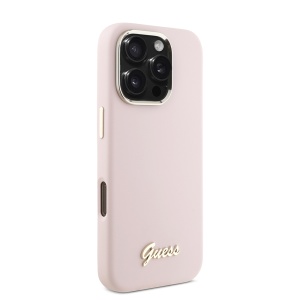 Husa pentru iPhone 16 Pro - Guess Silicone Script Metal Logo & Frame (GUHCP16LSMBSLP) - Pink - Img 4