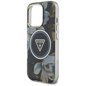 Husa pentru iPhone 16 Pro Max - Guess IML Metal Glitter Flowers Triangle MagSafe (GUHMP16XHFLPEDK) - Black - Img 5