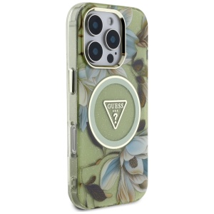 Husa pentru iPhone 16 Pro Max - Guess IML Metal Glitter Flowers Triangle MagSafe (GUHMP16XHFLPEDN) - Green - Img 3