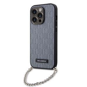 Husa pentru iPhone 14 Pro - Karl Lagerfeld Saffiano Monogram Chain (KLHCP14LSACKLHPG) - Silver - Img 1