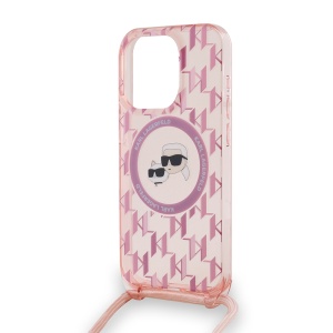 Husa pentru iPhone 15 Pro - Karl Lagerfeld IML Crossbody MagSafe (KLHMP15LHCKCKLCP) - Pink Monogram Karl&Choupette Head - Img 2