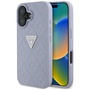 Husa pentru iPhone 16 - Guess Leather Hot Stamp 4G Pattern Triangle Metal Logo (GUHCP16SPGP4STRU) - Light Purple
