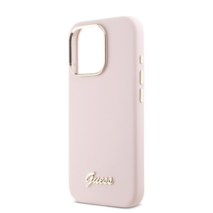 Husa pentru iPhone 16 Pro - Guess Silicone Script Metal Logo & Frame (GUHCP16LSMBSLP) - Pink - Img 5