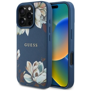 Husa pentru iPhone 16 Pro Max - Guess Grained Flowers MagSafe (GUHMP16XPGNMPLMB) - Blue - Img 1