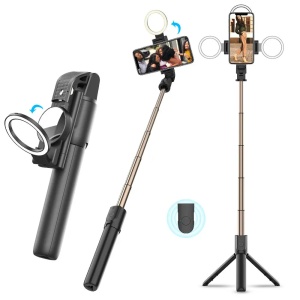 Selfie Stick cu Telecomanda si Lumina LED, 84cm - Techsuit (K13) - Black - Img 1