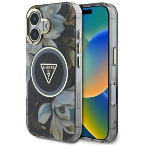 Husa pentru iPhone 16 - Guess IML Metal Glitter Flowers Triangle MagSafe (GUHMP16SHFLPEDK) - Black - Img 1