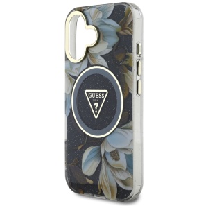 Husa pentru iPhone 16 - Guess IML Metal Glitter Flowers Triangle MagSafe (GUHMP16SHFLPEDK) - Black - Img 5