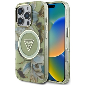 Husa pentru iPhone 16 Pro Max - Guess IML Metal Glitter Flowers Triangle MagSafe (GUHMP16XHFLPEDN) - Green - Img 1