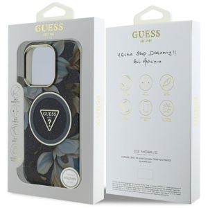 Husa pentru iPhone 16 Pro Max - Guess IML Metal Glitter Flowers Triangle MagSafe (GUHMP16XHFLPEDK) - Black - Img 7