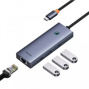 Hub Baseus UltraJoy 4-in-1 USB-C la 3xUSB 3.0 1xRJ45 Gri