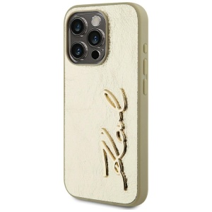 Husa iPhone 15 Pro - Karl Lagerfeld Hardcase Leather (KLHCP15LPFMFBKMD) - Gold Metal Signature - Img 4