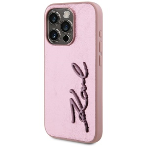 Husa iPhone 15 Pro - Karl Lagerfeld Hardcase Leather (KLHCP15LPFMFBKMP) - Pink Metal Signature - Img 2