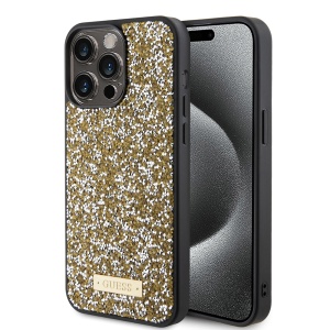 Husa pentru iPhone 15 Pro - Guess Rhinestone Metal Logo (GUHCP15XPFGSBSD) - Yellow