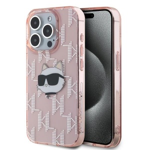Husa pentru iPhone 15 Pro - Karl Lagerfeld IML Luxury (KLHCP15LHKLPCHP) - Pink Choupette Head&Monogram - Img 1