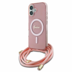 Husa pentru iPhone 16 - Guess IML Crossbody Cord Script MagSafe (GUHMP16SHCTSGNSP) - Pink