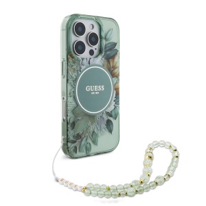 Husa pentru iPhone 16 Pro - Guess IML Flowers with Pearl Strap MagSafe (GUHMP16LHFWBRCESN) - Green - Img 4