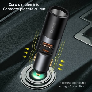 Incarcator auto Baseus Share Together 1xUSB 1xUSB-C cu port de expansiune pentru bricheta 120W Quick Charge Negru - Img 6
