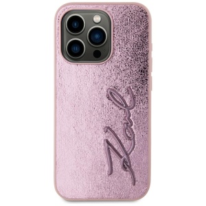 Husa iPhone 15 Pro - Karl Lagerfeld Hardcase Leather (KLHCP15LPFMFBKMP) - Pink Metal Signature - Img 3