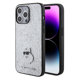 Husa pentru iPhone 15 Pro Max - Karl Lagerfeld Hardcase Glitter Fixed (KLHCP15XGCNPSG) - Silver Choupette Logo - Img 1