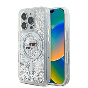 Husa pentru iPhone 16 Pro - Karl Lagerfeld Liquid Glitter MagSafe (KLHMP16LLGKCSGH) - Clear Karl&Choupette Head - Img 1