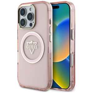 Husa pentru iPhone 16 Pro Max - Guess IML Metal Mountain Logo MagSafe (GUHMP16XHFGTMSLSP) - Pink