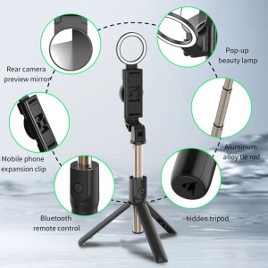 Selfie Stick cu Telecomanda si Lumina LED, 84cm - Techsuit (K13) - Black - Img 4