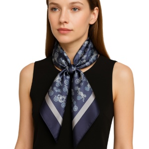 Esarfa satin albastru cu imprimeu caleasca si dungi elegante - Img 5