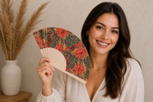 Evantai din pluta cu imprimeu flori tropicale, 3, ibucork.ro