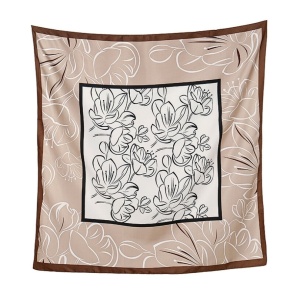 Esarfa din satin Khaki and White Flowers 35792 Ibucork.ro