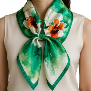 Esarfa satin verde picturala cu accente florale - Img 5