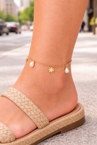 Bratara de picior placata cu aur Flowers and Pearls, 2, ibucork.ro