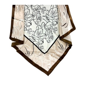Esarfa din satin Khaki and White Flowers 35793 Ibucork.ro