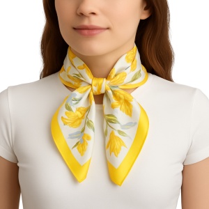 Esarfa satin alba cu imprimeu floral galben - Img 4