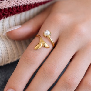 Inel deschis placat cu aur Fish Tail Pearl, 2, ibucork.ro
