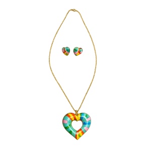 Set cercei si colier inimi multicolore din inox cu email