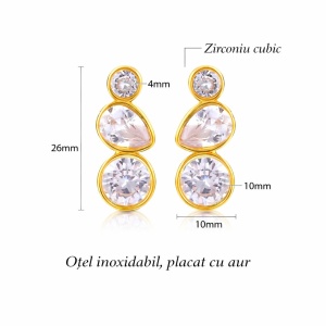 Cercei placati cu aur din inox cu zirconii Trio, 5, ibucork.ro