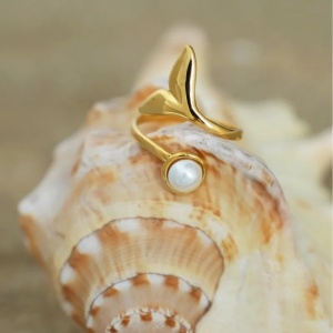 Inel deschis placat cu aur Fish Tail Pearl, 3, ibucork.ro