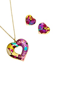 Set cercei si colier inimi violet din inox cu email