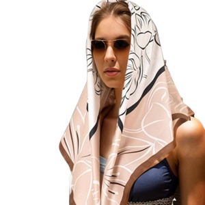 Esarfa din satin Khaki and White Flowers, 3, ibucork.ro