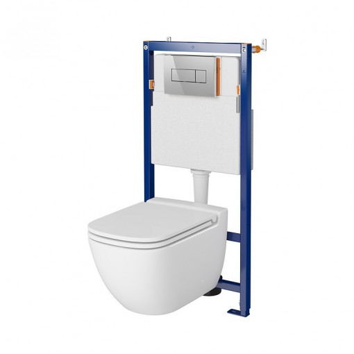 Set rezervor WC cu cadru B657 Cersanit Tech Line Opti si clapeta Opti B1 crom lucios plus vas wc Caspia si capac alb