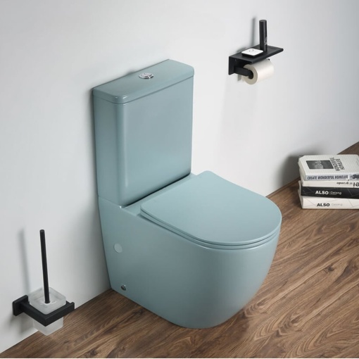 Set vas wc stativ rimless verde turcoaz mat Foglia Oslo cu rezervor si capac soft close inclus