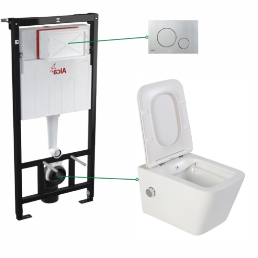 Set vas wc suspendat alb Foglia Safari, cu functie bideu si baterie crom mat, rezervor wc incastrat Alcadrain si clapeta crom mat