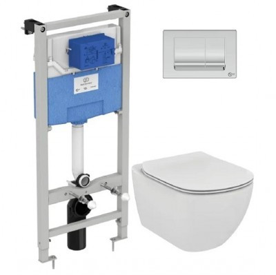 Set vas wc suspendat Ideal Standard Tesi Aquablade cu capac softclose si rezervor Ideal Standard ProSys cu clapeta Oleas M1 crom