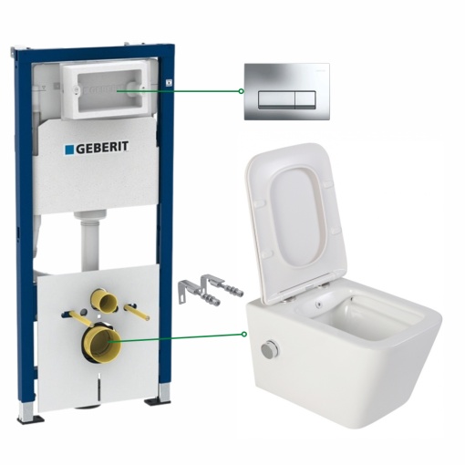 Set vas wc suspendat Foglia Safari cu functie bideu si baterie crom, rezervor wc incastrat Geberit Delta 51 si clapeta crom lucios