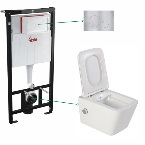 Set vas wc suspendat alb Foglia Safari cu functie bideu si baterie crom mat, rezervor wc incastrat Alcadrain si clapeta aluminiu mat