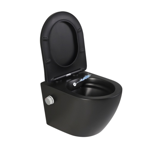 Vas wc suspendat Foglia Oslo cu functie bideu, negru mat, apa calda rece, spalare rimless, baterie inclusa crom