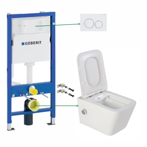 Set vas wc suspendat Foglia Safari cu functie bideu si baterie crom, rezervor incastrat Geberit Delta si clapeta alb lucios