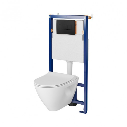 Set rezervor WC cu cadru B625 Cersanit Tech Line Opti si clapeta Opti negru mat plus vas wc Mille si capac alb