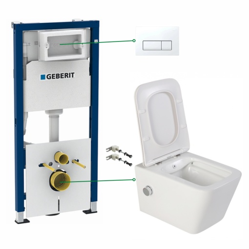 Set vas wc suspendat Foglia Safari, cu functie bideu si baterie crom, rezervor wc incastrat Geberit Delta 51 si clapeta alb alpin